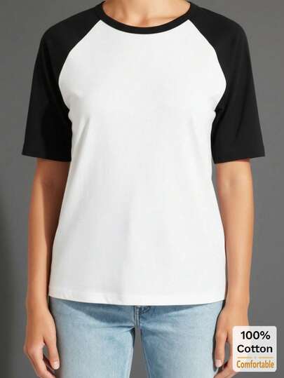 Cotton Raglan Short Sleeve Mid-Length T-Shirt For Women, Stylish Black & White Casual Top