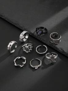 9件套星形戒指，镶嵌合成水晶，几何金属指节戒指，送给朋友和同学的礼物 - 復古銀色 - 查看 4