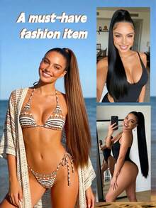 24 Inch Braided Straight Ponytail, Synthetic Extensions Made Of Polyester Fiber, With Elastic Bands Wrapped Around The Hair, Available In Various Colors. Suitable For Women To Wear In All Seasons And Can Also Be Used As Daily Accessories.,Festival,Party - Natural Black - View 10