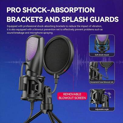 USB Computer Microphone For Gaming Streaming & Podcast, Condenser Mic With Quick Mute, RGB Indicator, Shock Mount And Tripod