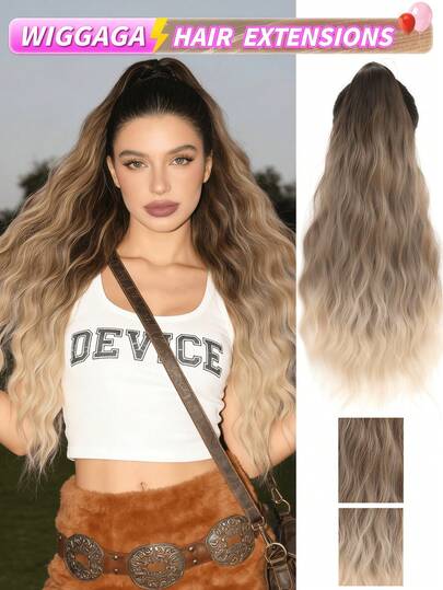 WIGGAGA Summer Inspired Women's Vacation Outfit, Valentine's Day Summer Apparel, 32" Ombre Wavy Heat-Resistant Synthetic Ponytail Wig, Clip-On Ponytail Style, Suitable For Women For Christmas, Halloween, Music Festivals, Parties And Daily Wear