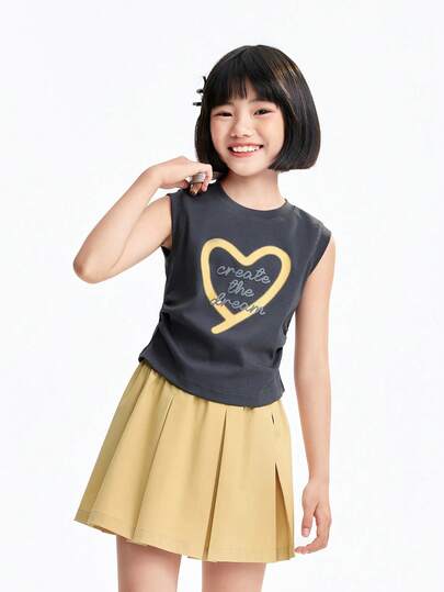 Annil [Sweet And Cool Sporty Set] Girls' Summer Pleated Skirt + Vest, Elastic Skin-Friendly Comfortable Safety Pants