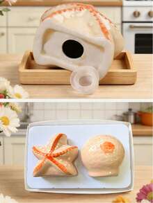 2件套陶瓷海星贝壳造型盐瓶和胡椒瓶，釉面纹理，礼盒包装，适用于厨房、餐厅、派对、乔迁、情人节、生日等场合的礼物 - 杏色 - 查看 5