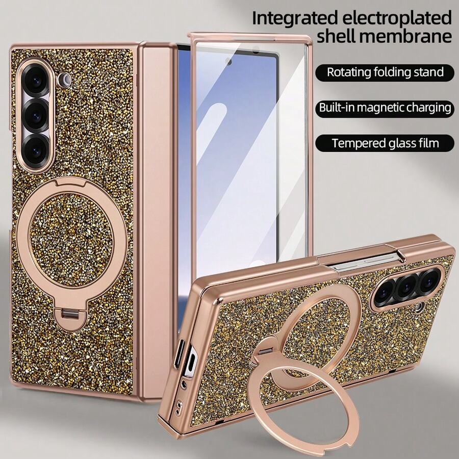 VIETAO Sequins,Diamond Fashion High Quality Blingbling Sparkling Electroplated Hidden Circular Bracket Mobile Phone Case Compatible With Samsung Galaxy Z Fold 7 6 Hinged Full-Cover Protection Phone Cover With Tempered Glass Screen Protector - Gold - View 1