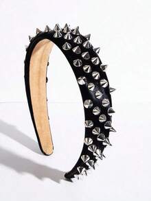 1pc Solid Color Leather Punk Style Studded Headband, Simple Design High Quality Fashion Hair Accessory, Suitable For Sweet And Cool Streetwear For Women,Hairband,Hair Hoop Headbands, Black - 黑色 - 查看 2