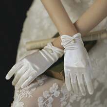 New Style Short Pearl Satin Bridal Gloves/Elegant White Princess Style Gloves/Vintage Wedding Accessories/Soft Satin Formal Gloves/Classic Pearl Decorated Short Gloves/Women's Elegant Gloves, As A Complete Wedding Accessory, Match Bridal Gowns, Lolita Dresses, Petticoats, Bridal Belts, Wedding Shawls, Bridal Headpieces, Long Bridal Veils, Cathedral Veils And Other Complete Bridal Supplies, Suitable For Wedding Ceremonies/Bachelorette Parties/Sports Festivals/Wedding Season - White - View 9