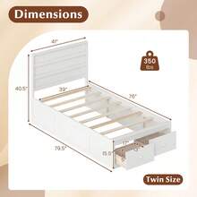 Twin Size Bed Frame W/Storage Drawers Headboard Wooden Slat&Enclosed Base - trắng - Xem 2
