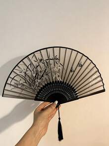 優雅復古中日風竹製摺扇附流蘇 - 夏季便攜手扇，適用於婚禮、派對、送友禮物、開學季、夏季降溫及居家裝飾，黑白花卉圖案設計 - 多色 - 查看 5