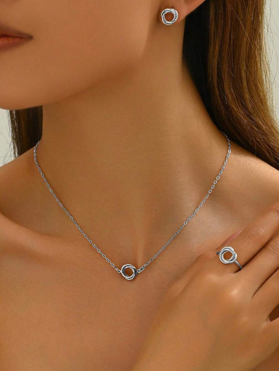 4 st. Dammode Minimalistiskt Handgjort Omlotthalsband, Ring, Örhängen Smyckeset, Lämplig För Vardagsbruk - Silver - Visa 1