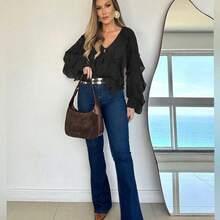 Versatile Casual Commuting Office Asymmetrical Ruffled Semi-Sheer Beige Shirt, Suitable For Dates, Everyday Wear, Beach Vacation, Ruffled Decor Adds Softness, Pair With Jeans For Casual Chic, Or Skirts For Elegant Office Looks - Black - View 7