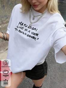 Women's Solid Color Round Neck Short-Sleeved Loose T-Shirt, 100% Cotton Top, Artistic Letter Slogan Print, Spring/Summer Casual Women's Wear - White - View 1