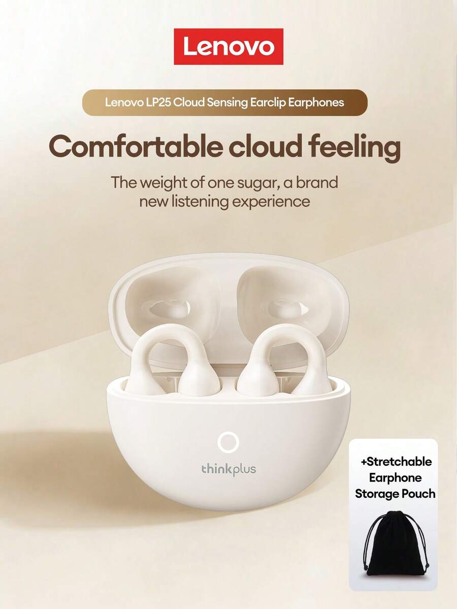 Lenovo LP25 Earphone Bluetooth dengan Kotak Penyimpanan, Model Kait Telinga, Bluetooth 5.4, Peredam Kebisingan ENC, Daya Tahan Baterai Lama, Kontrol Sentuh Cerdas, Kompatibel dengan Perangkat Apple & Android