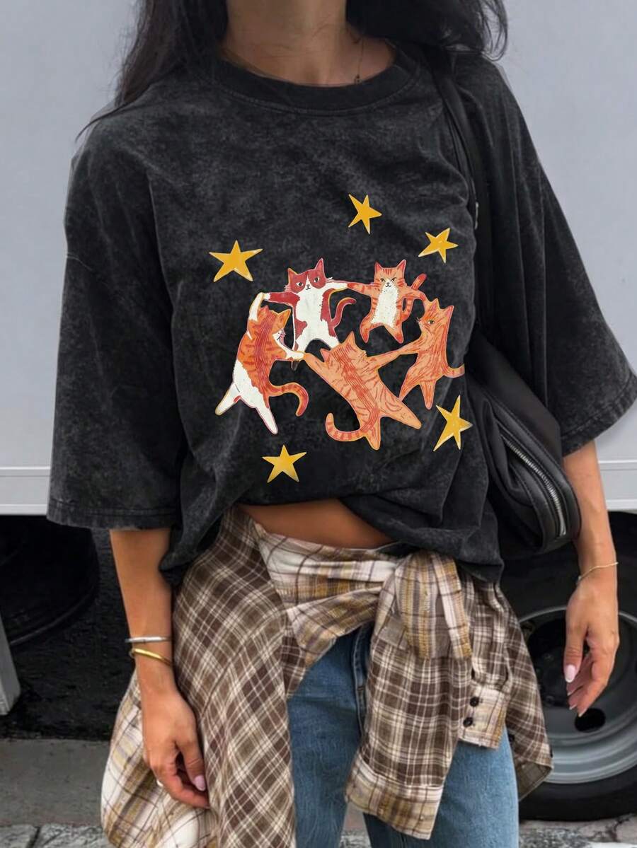 Áo thun ngắn tay cổ tròn nhuộm màu tie-dye kiểu dáng mùa hè mới, họa tiết ngôi sao và mèo nhảy múa, kiểu dáng thời trang và đa năng dành cho nữ màu đen. - màu đen - Xem 1