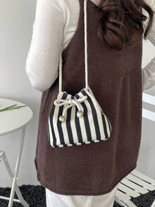 Canvas Fashion New Shoulder Crossbody Bag Handbag Commuter Bag Drawstring Bucket Bag Minimalist Stylish Striped Shoulder Bag - Black - View 7