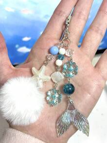 1pc [Ocean Blue Deep Space Mermaid Tail] Pom Pom, Starfish, Shell Phone Charm, Clover Pendant, Blue - Blue - View 6