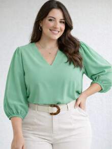 Women's 3/4 Sleeve Blouse In Duna Crepe, Elegant, Workwear, Plus Size (GG, G1, G2, G3), Evangelical Fashion - Mint Green - 薄荷綠 - 查看 1