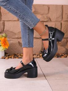 新款时尚女士高跟鞋，适合户外穿着、派对和生日庆典，百搭亮面高跟鞋 - 黑色 - 查看 4