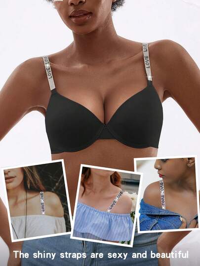 Áo ngực nâng ngực màu đen bóng dành cho nữ, thiết kế xếp ly nâng đỡ vòng một, thoáng khí và có phần lưng đẹp, lý tưởng để mặc hàng ngày.