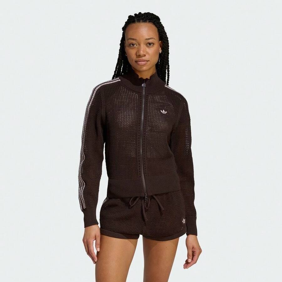 Adidas Originals 女士原创钩针编织火鸟运动上衣休闲针织网眼镂空运动开衫,轻便春季外套 KE0202 - 咖色 - 查看 1