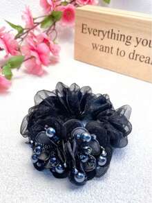 1pc Elegant Pearl Double Flower Hair Scrunchie For Women, High Stretch Oversized Floral Hair Tie Ponytail Holder, Chic Bun Maker Hair Accessories For Daily Hair Styling Travel Gatherings Leisure Commuting Photography, Spring Summer Clothing Matching Scrunchy,Holiday Hair Elastics Hair Rubber Bands Hair Rope Elastic Hair Tie - Multicolor - View 10