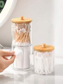 1/3 cajas de hisopos con tapas de bambú, caja de hisopos circular de plástico a prueba de polvo, frasco de almacenamiento transparente para bastoncillos, joyas, borlas de maquillaje, desmaquillante, hilo dental, huevos de belleza, herramientas de cuidado personal. Almacenamiento y organización del hogar, recipiente de almacenamiento cosmético para suministros de baño - transparente - Ver 5