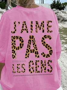 「J'AIME PAS LES GENS」豹紋字母印花，女式寬鬆T卹，夏季上衣，K-Pop戰士系列，純棉上衣，女裝服飾，女式夏裝，針織服飾，派對裝束，大碼女裝，大碼女式圓領寬鬆上衣，閨蜜裝，度假服飾，休閒運動裝，優雅上衣，女士運動裝,頂部女裝，促銷女裝，男女同款，青少年裝、基本款T卹，夏季女裝，柔軟舒適，Y2K風格,夏季、情人節、狂歡節、聚會、海灘、婚禮、外出活動、優雅、度假、休閒、奢華、千禧年、亮片、豹紋、圓點圖案、圖形、花卉、迷彩 - 粉色 - 查看 5