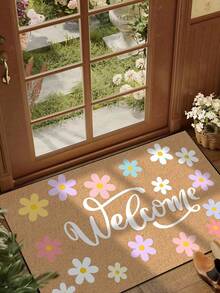 1pc Colorful Floral Welcome Pattern Doormat, Farmhouse Style Machine Washable Polyester Mat, Suitable For Living Room, Kitchen, Bedroom, Entryway, Home Decor, Room Decor, All Season - Mustard Yellow - View 1