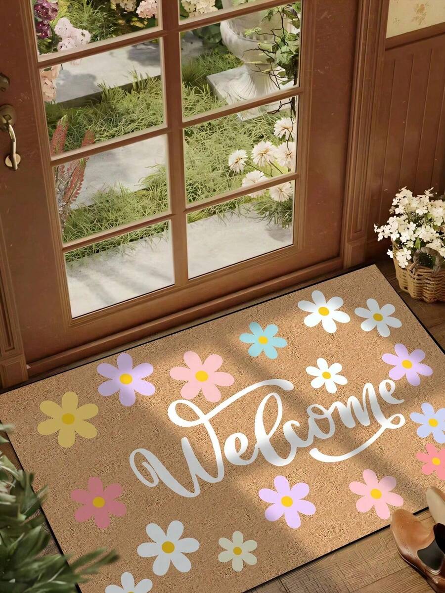 1pc Colorful Floral Welcome Pattern Doormat, Farmhouse Style Machine Washable Polyester Mat, Suitable For Living Room, Kitchen, Bedroom, Entryway, Home Decor, Room Decor, All Season - Mustard Yellow - View 1