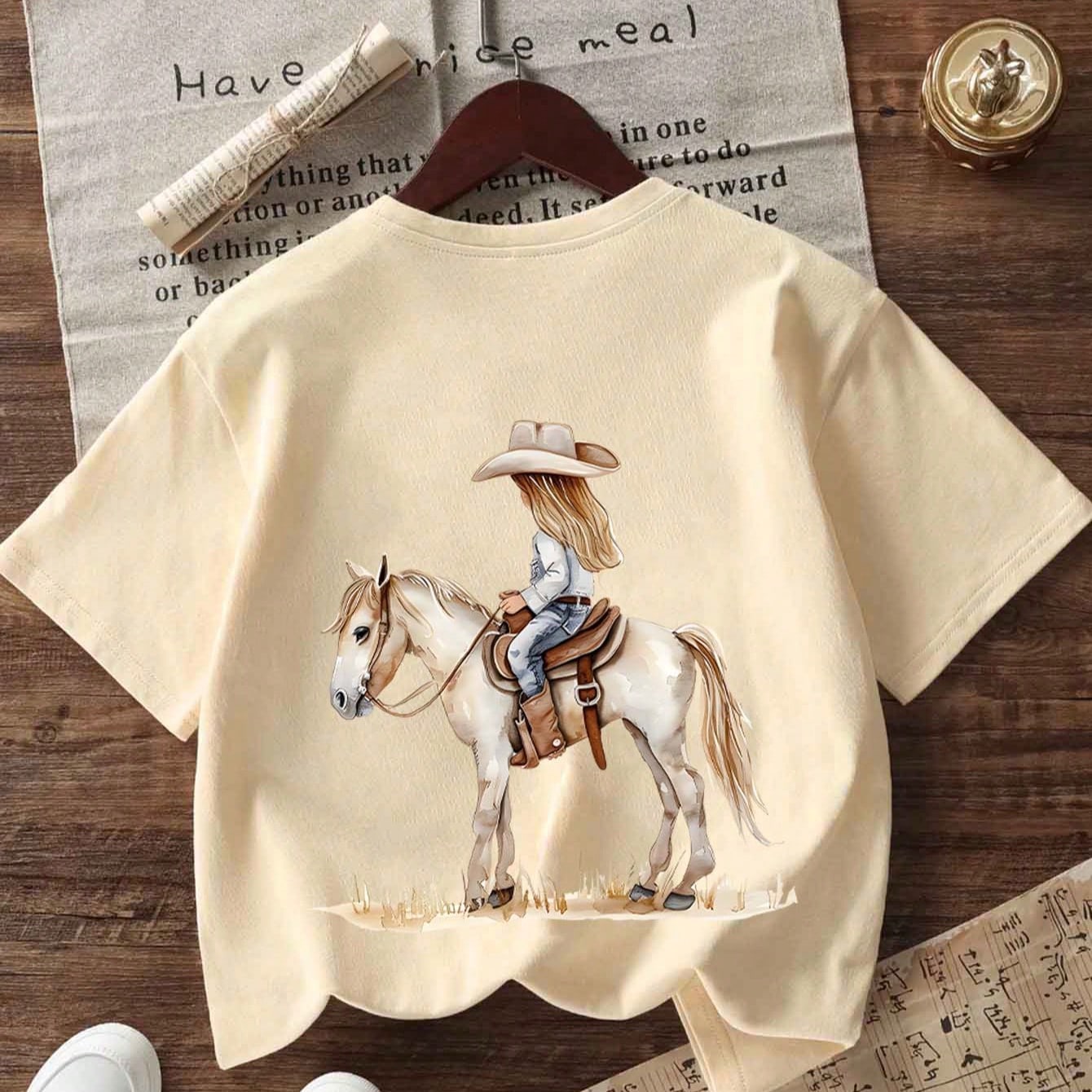 Camiseta con estampado de niña y poni de mezclilla para niña preadolescente, de tela suave y cómoda, adecuada para deportes al aire libre, uso diar