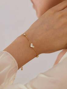 1pc Stainless Steel Heart Shaped Bracelet, Fashionable Niche Luxury Versatile Zirconia Embellished Bracelet For Women - Gold - View 1