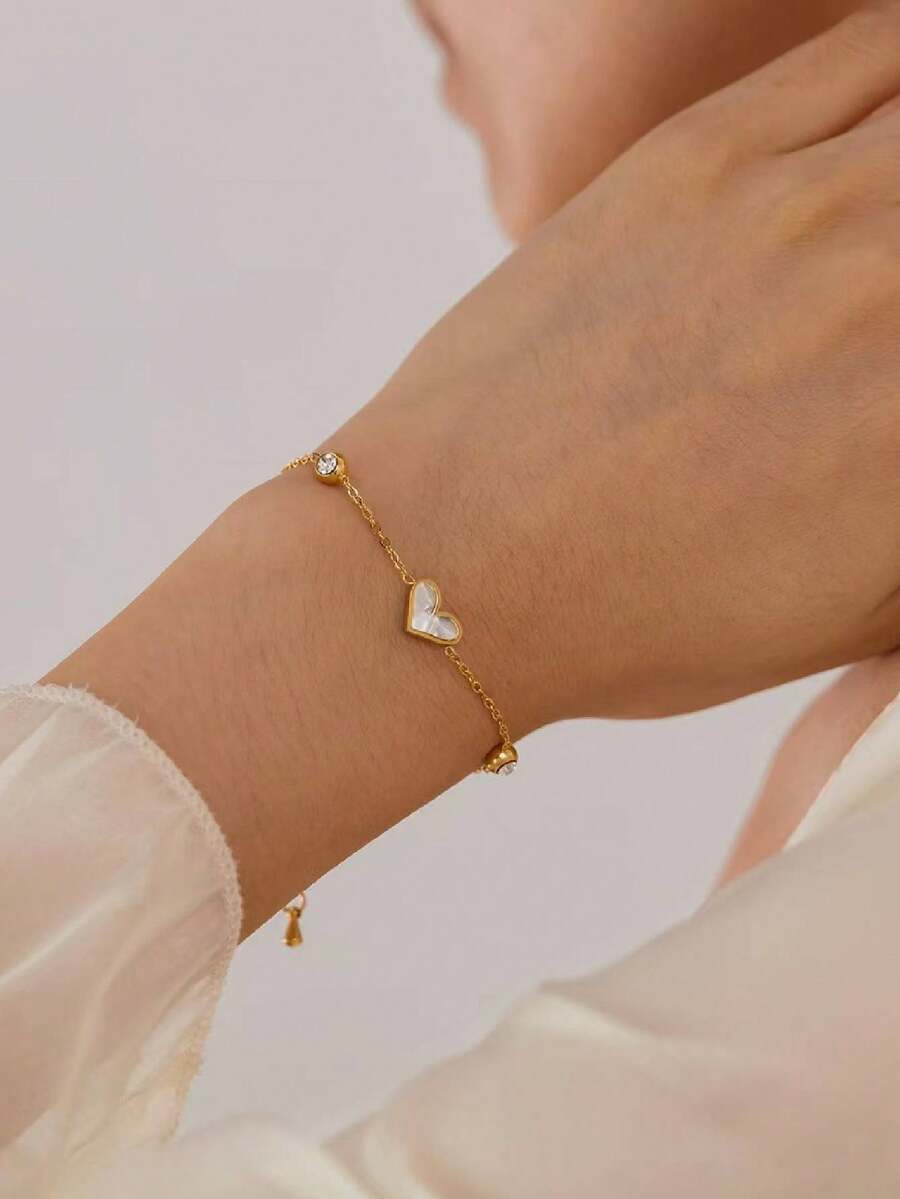 1pc Stainless Steel Heart Shaped Bracelet, Fashionable Niche Luxury Versatile Zirconia Embellished Bracelet For Women - Gold - View 1