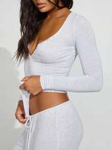 Women Casual Ribbed Henley Tops Slim Fit Button-Up V Neck Long Sleeve Crop Spring Summer Shirts - Màu Xám nhạt - Xem 2