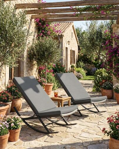 Outdoor Rocking Chaise Lounge Chair With Adjustable Backrest | Metal & Rattan Base Rocking Recliner With Thick Cushion | Weather Resistant Patio Lounge For Balcony, Garden, Poolside