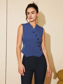 Áo khoác gile ngắn dáng casual mùa xuân/hè dành cho nữ của Amyenjoylife, cài khuy chéo, phong cách cổ điển sang trọng, thích hợp cho các buổi tiệc tùng và công sở. - Xanh đậm - Xem 6