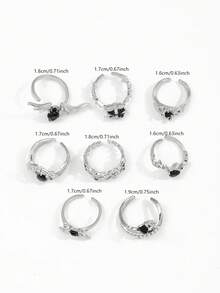 8pcs Dark Gothic Faux Gem Crystal Spider & Heart Rings Set, Multi-Element Thorn Rose Flower Oil Drop Crystal Rings For Women - Silver - View 5