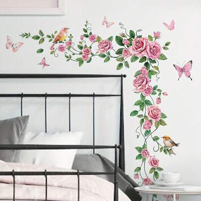 1pc Rose Flower Vine Butterfly Door Frame Wall Sticker, Bedroom Background Decor