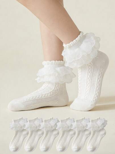 6 Pairs Cute Candy Color Dopamine Kids/Toddlers Double Layer Solid Color Mesh Lace Trim Mid-Calf Dance Socks