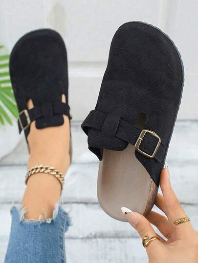 2026 Spring/Summer New Women's Slip-On Sandals, Comfortable & Fashionable, Black Fabric Upper, Metal Buckle Decor, Round Toe, Low Heel, Non-Slip Rubber Sole, Slip-On Closed Toe Sandals With Metal Buckle, Women's Suede Leather Mule Clogs With Soft Cork Insole, Potato Sandals With Arch Support