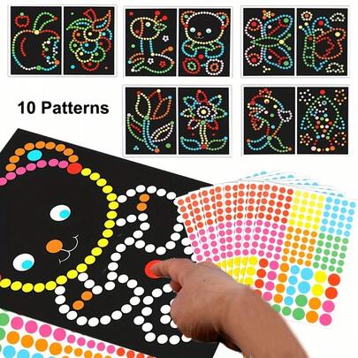10片/20片/套美术工艺贴纸套装，趣味图案拼图绘画套装，包含点点画笔，点画工艺套装，非常适合幼儿早期教育、培养耐心，是送给小朋友的完美生日礼物。