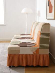 1pc Curved Printed Sofa Bed Cover, Skirt Design, Made Of Polyester Fiber Elastic Fabric, Fully Covered Design, Suitable For All Seasons, Simple And Modern - Burnt Orange - View 5