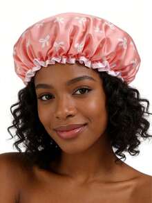 双层防水印花浴帽，时尚女士防潮发套，居家淋浴厨房护发 - 彩色 - 查看 2
