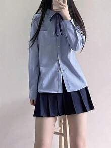 Women's Long-Sleeved Shirt, Regular Collar, Solid Color, With Pocket, Comes With A Striped Tie Set, Slim Fit, Flattering Silhouette, Light Blue, Casual, Office, School, Daily Wear, Date, Spring, Summer, Autumn, Winter, Easy To Wear. - Blue - View 4
