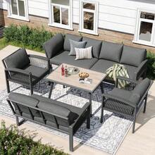 Garden Set, Furniture For 8 People, Rope Frame, Large Wood-Look Table, Galvanized Iron Frame, Adjustable Feet, Seat And Back Cushions Included, Grey - C - View 3