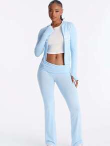 2026 New Fashion Sports Slim Printed Letter Long Sleeve Jacket And Tight Pants Set For Women - Blue - View 1