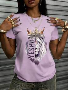 Áo thun nữ mùa hè mới, kiểu dáng rộng rãi, in khẩu hiệu, cổ tròn, tay ngắn, thích hợp mặc hàng ngày và đi nghỉ mát. - Màu tím hoa cà - Xem 3