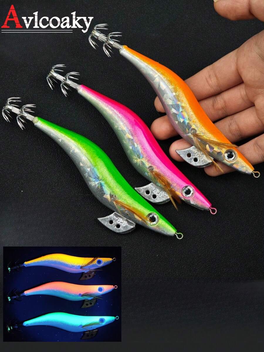 Avlcoaky 3件装 虾形钓鱼路亚 夜光鱿鱼钩 虾对虾路亚 人工硬饵 - 彩色 - 查看 1