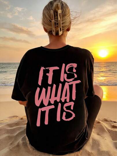 Plus Size Women "It Is What It Is" Letter Print Casual Round Neck Short Sleeve T-Shirt, Loose Fit Summer Top For Curvy Ladies Black