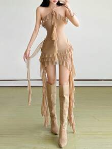 YeonC Tie-Up Halter Backless Fitted Bodycon Mini Dress With Mesh Sheer Ruffle Trim Tassel Patchwork - Khaki - View 4