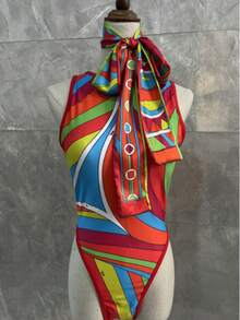 2026 New Retro Abstract Print Bikini Set Pink Black Color Block Tie-Up Beach Vacation Swimsuit - 亮橙色 - 查看 4