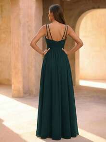 女士露背深V领无袖长款伴娘礼服，高开衩设计，完美适用于婚礼 - 墨綠色 - 查看 2